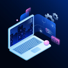 Build Your City in Metaverse Illustration. Creation Process Using a Laptop. Metaworld. Vector illustration