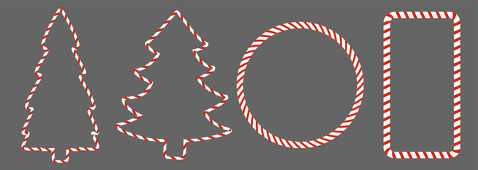 Candy candy cane in form of circle, shape of Christmas tree. White red border. Vector isolated.