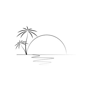 Silhouette of the sun and palm trees on the sea.