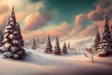 winterlandschap met bomen en mooie lucht, digitale afbeelding