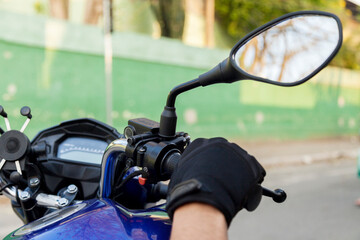 Motorcycle on the street with the new rear view. Busy street of São Paulo with motorbike. Motorcycle concept. Rear view concept..