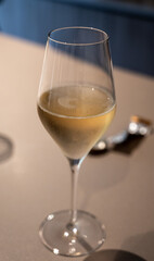 Tasting of brut and reserve champagne sparkling wine produced by traditional method in underground caves in Champagne, France