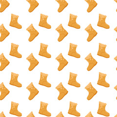 Seamless pattern with a pair of winter warm women's boots. Beige fur ugg boots. Vector illustration in a flat style.