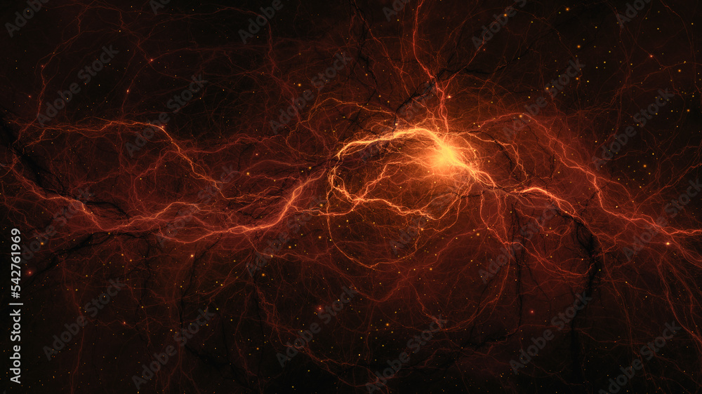 Sticker space background. colorful fractal red and orange nebula with star field. 3d rendering