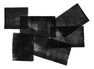 Geometric composition made of textured lino ink remains. Linocutting texture. Black and white artistic text background. Linocut, relief printing paint roller stains, textured transparent rectangles. - obrazy, fototapety, plakaty
