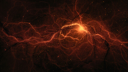 Space background. Colorful fractal red and orange nebula with star field. 3D rendering © Space Creator