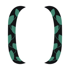 Black curly braces with green leaves vector illustration isolated on transparent background Hand drawn bold brackets Flat style