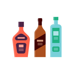 Bottle of liquor, brandy, gin great design for any purposes. Icon bottle with cap and label. Flat style. Color form. Party drink concept. Simple image shape
