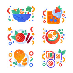 Food Snacks Flat Icon and Pictogram with Sushi, Salad Bowl, Waffle, Grilled Sausage and Scrambled Eggs Vector Set