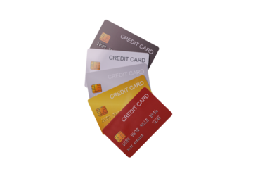 A pile of credit (debit) card stack on each other. Business, Finance and Cashless payment lifestyle concept. Background  cutout in png. 