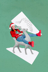 Banner collage poster of lady in santa costume ride fast running antler deer on christmas decor...