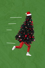 Collage photo of abstract funny headless runner christmas tree wear decoration hurry buy new gifts...