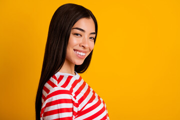 Profile photo of adorable positive person toothy beaming smile empty space isolated on yellow color background