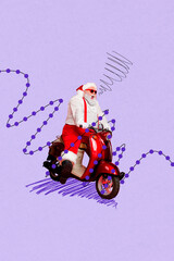 New year image collage of funny funky santa claus drive motor bike fast for christmas seasonal...