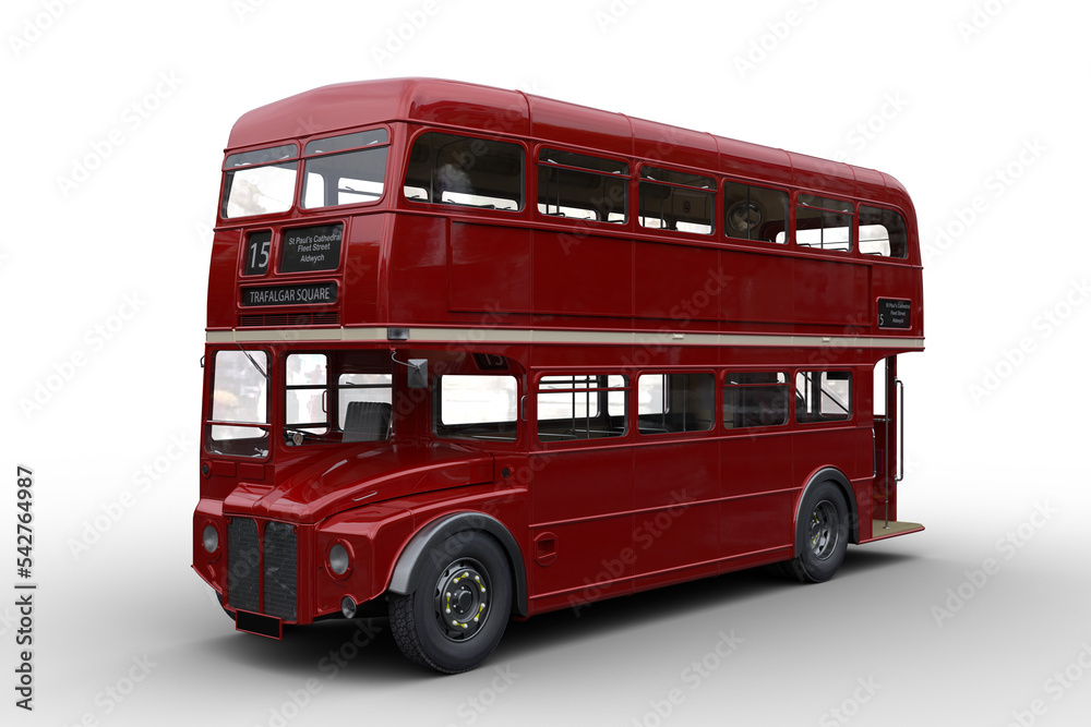 Poster 3d rendering of a vintage red double decker london bus isolated on transparent background.