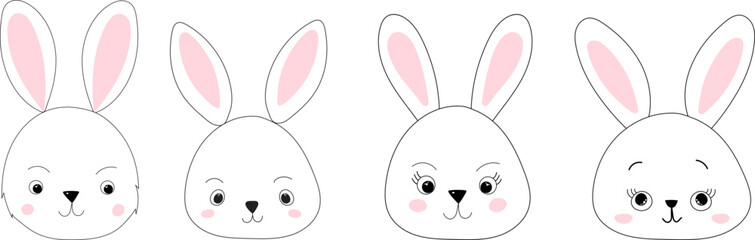 set portrait rabbits character, cartoon doodle sketch ,outline isolated vector