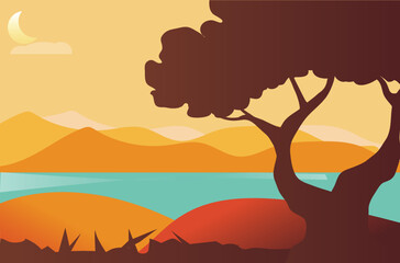 illustration of a view of a lake and mountains as a background and tree silhouettes in front