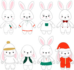 set of rabbits character, cartoon doodle sketch ,outline isolated vector