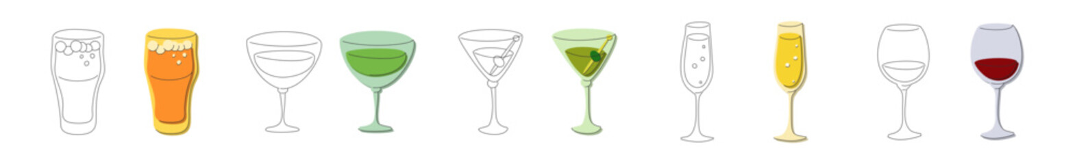 Beer vermouth martini champagne red wine glass on white background. Cartoon sketch graphic design. Flat style. Colored hand drawn image. Party drink concept for restaurant, cafe, party. Freehand