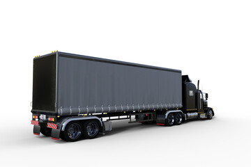 Rear corner view 3D rendering of a large black and grey articulated freight truck isolated on transparent background.