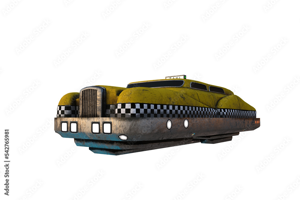Poster low perspective 3d rendering of a futuristic flying yellow taxi cab isolated on transparent backgrou