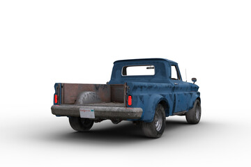 Rear view 3D rendering of an old dusty vintage blue pickup truck isolated on transparent background. © IG Digital Arts