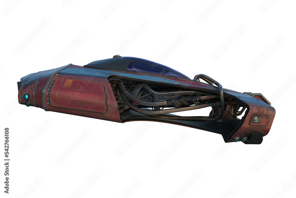 Poster Side view 3D rendering of a futuristic sci-fi flying car isolated on transparent background.