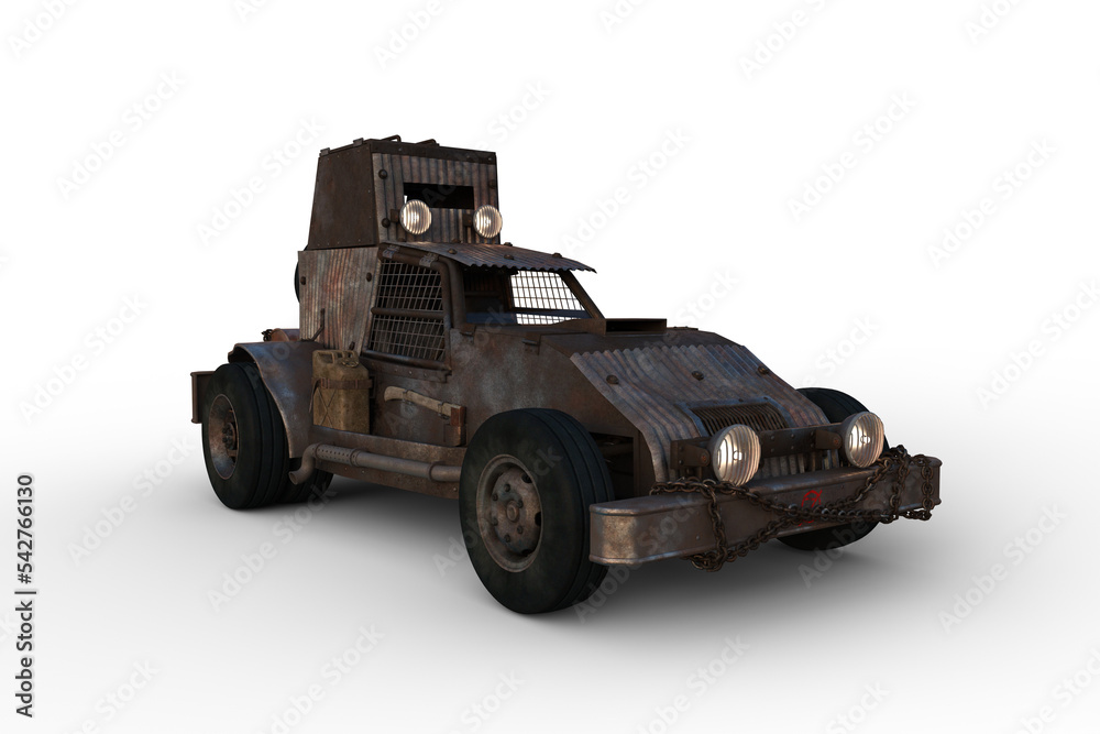Poster 3D rendering of a rusty post apocalyptic concept car isolated on transparent background.