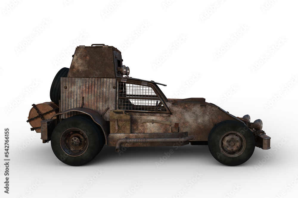 Poster Side view 3D rendering of a rusty post apocalyptic concept car isolated on transparent background.