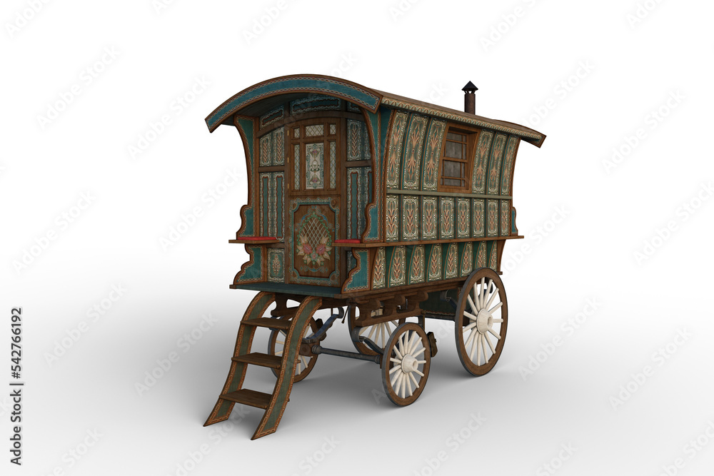 Poster 3d rendering of a vintage romany gypsy caravan decorated with turquoise and green flowers isolated o