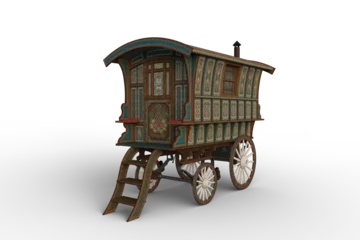 Poster 3D rendering of a vintage Romany gypsy caravan decorated with turquoise and green flowers isolated on transparent background. © IG Digital Arts