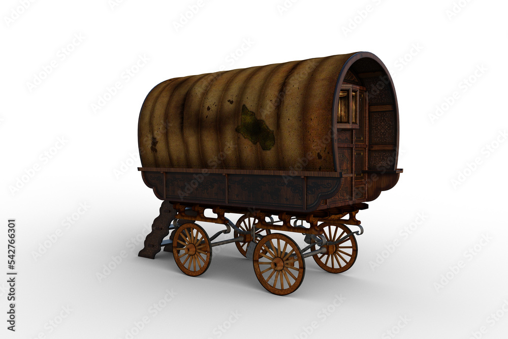 Poster Rear perspective view 3D rendering of an old brown Romany gypsy caravan isolated on transparent background.
