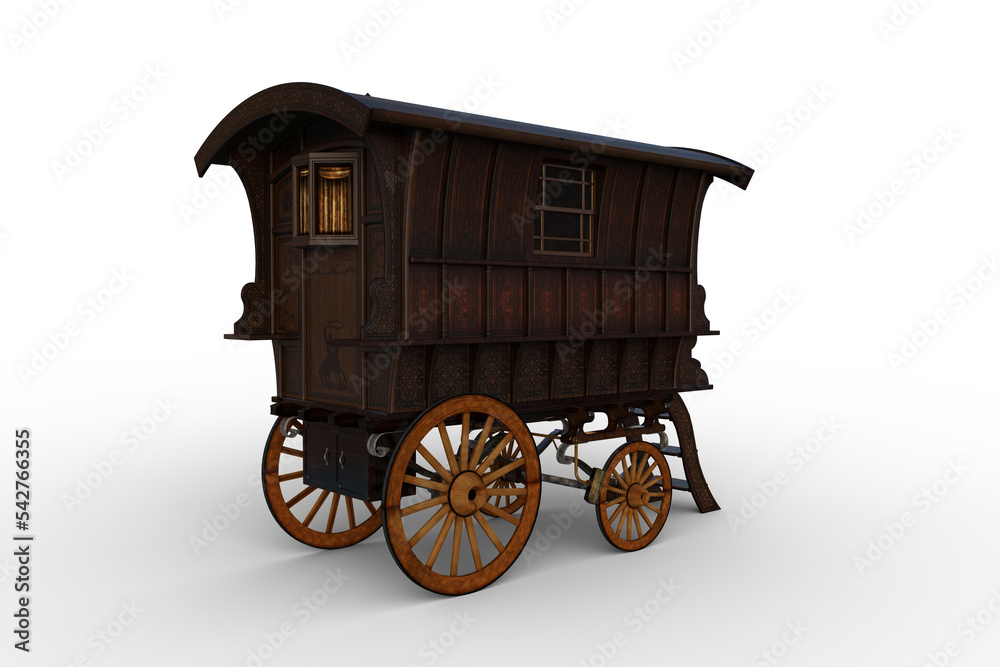 Poster rear view 3d rendering of a vintage wooden romany gypsy caravan isolated on transparent background.