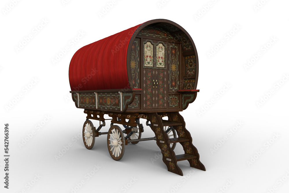 Poster 3d rendering of a traditional romany gypsy caravan with red roof isolated on transparent background.