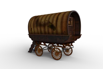 Poster Rear perspective view 3D rendering of an old brown Romany gypsy caravan isolated on transparent background. © IG Digital Arts