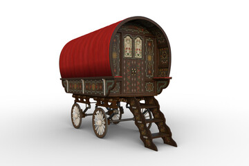 3D rendering of a traditional Romany gypsy caravan with red roof isolated on transparent background. - obrazy, fototapety, plakaty