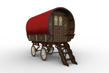 Poster 3D rendering of a traditional Romany gypsy caravan with red roof isolated on transparent background. © IG Digital Arts