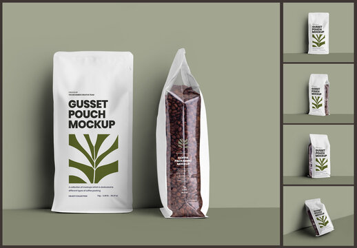 5 Pouch Bag Coffee Mockup with Transparent Side