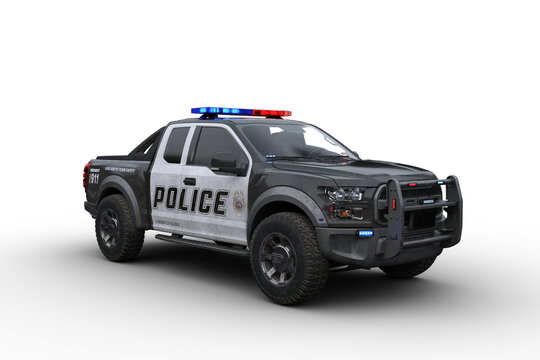 3D rendering of a black and white american police truck isolated on transparent background.