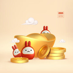 Happy chinese new year 2023 background. 3d cute lunar red rabbit, chinese golden ingot and coins. Traditional holiday lunar New Year. Cartoon vector illustration