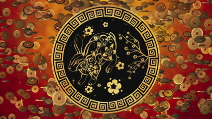 Chinese Spring Festival, red background with falling golden coins symbol of wealth for New Year celebration