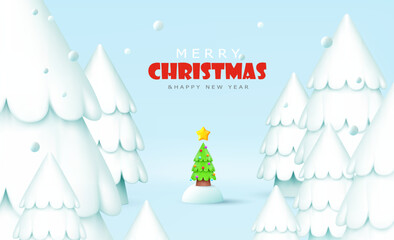 Holiday winter forest background. Christmas tree with christmas balls and star stands in the snowdrift. 3d xmas holiday decoration. Render New Year banner. 3d vector cartoon illustration