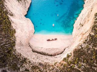 Famous Navagio - Shipwreck Beach on Zakynthos drone top down view