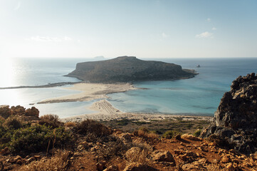 Island Gramvousa and the beautiful Balos beach on sunset in Crete island