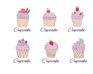 Set of cute vector cupcakes and yogurt logo type icon in doodle style