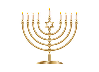 Festive golden menorah with nine branches for Jewish holiday Hanukkah, isolated vector illustration