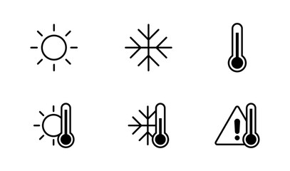 Temperature line style icon set with sun, snowflake and thermometer. Weather and climate icons vector illustration