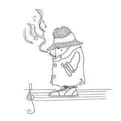 thoughtful man, in a hat and coat, smokes a pipe and music and notes are formed from the smoke. vector abstract illustration.