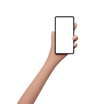 3D vector hand holding device mobile phone. Smartphone with screen for mockup, showcase display minimal scene. Realistic vector Illustration isolated on white background