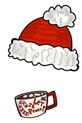 drawing of a christmas hat and a mug with hot chocolate and marshmallows and an inscription